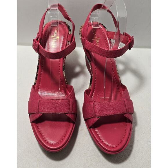 Cole Haan Paley Sz 9.5 Punch Pink Leather Snake Print Snakeskin Wedge Heels - Picture 2 of 10